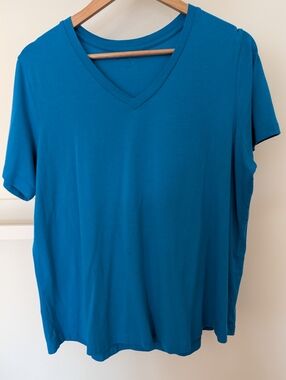 Universal Standard V Rex Women's S 14-16 Petite Bright Teal Blue V-Neck T-shirt